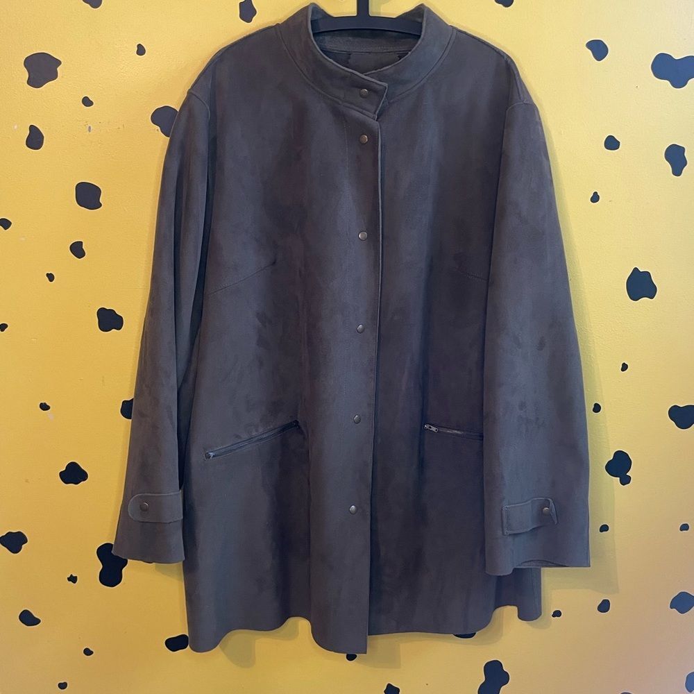 Vintage Plus Size 24W Harve Benard Olive Green Faux Suede Long Coat Snap Front